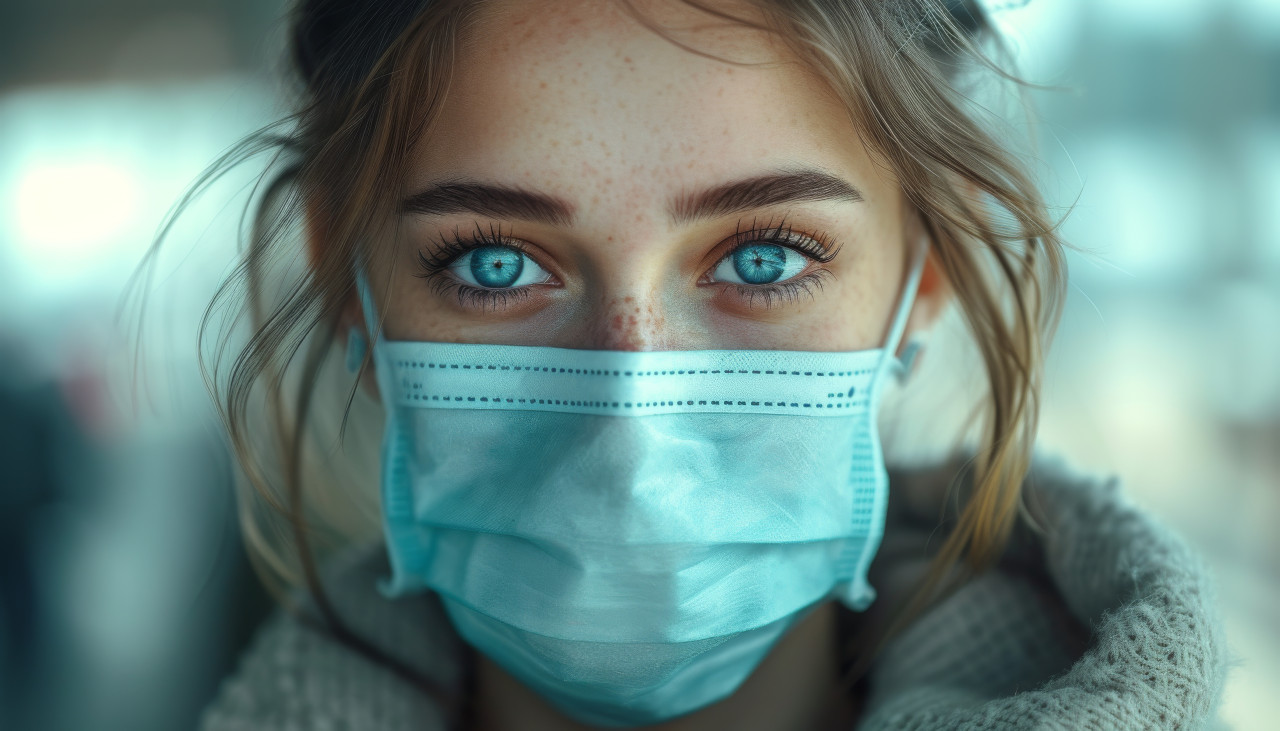 Responsible woman wearing a surgical mask, air pollution and smog photo