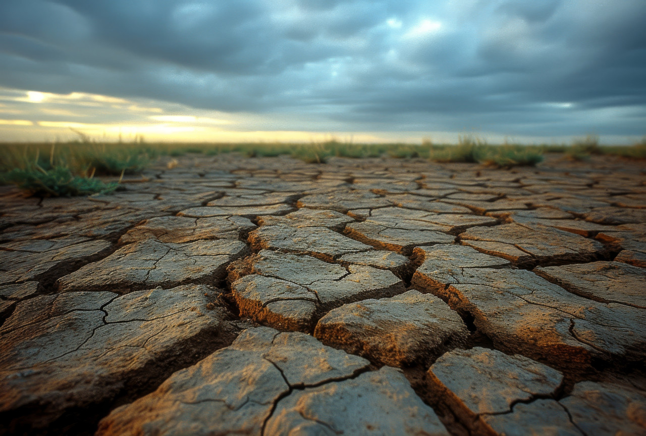 A parched landscape with cracked soil and sparse grass, water scarcity photo