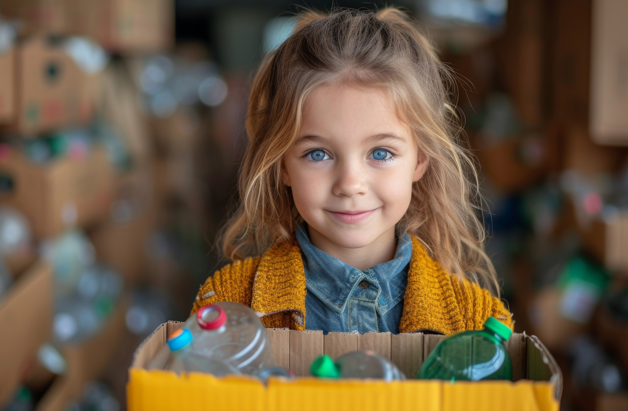 Inquisitive child holding a box filled with small cartons and delicate glass items, composting and waste reduction concept