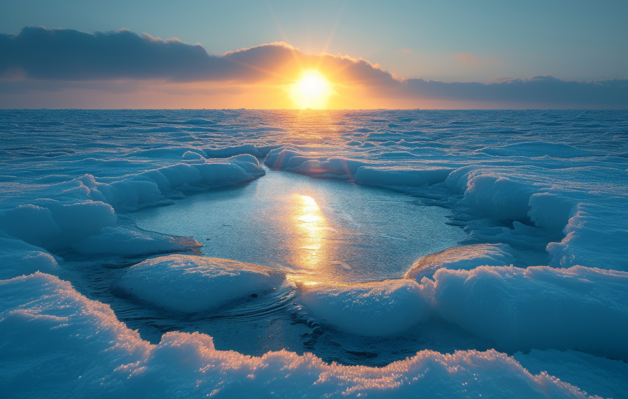 Glorious sunlight bathes open sea ice forming a dazzling and enchanting display of natural wonder, global temperature rise concept