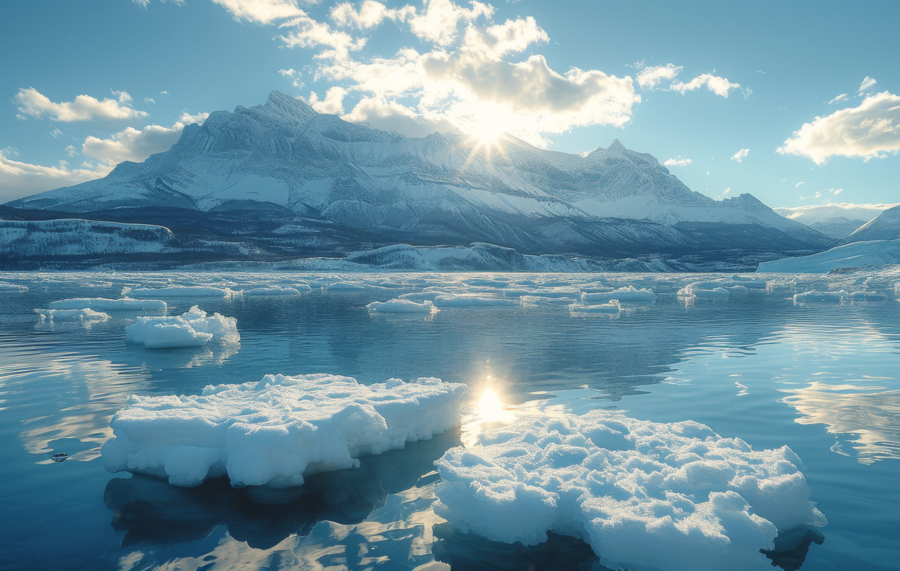 Ice floes in a lake sparkle under the sunlight, global temperature rise concept