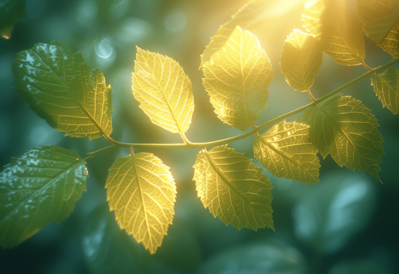 Captivating sunlight filters through lush branches casting enchanting rays in the woods, global temperature rise photo