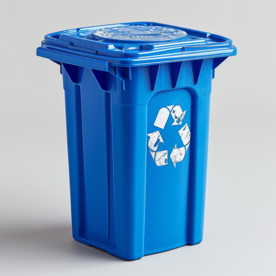 Clean blue recycling bin isolated on white, composting and waste reduction concept