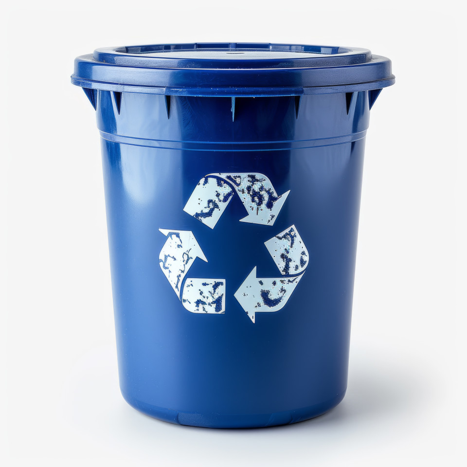 A white background showcases a trash container with recycling design, composting and waste reduction photo