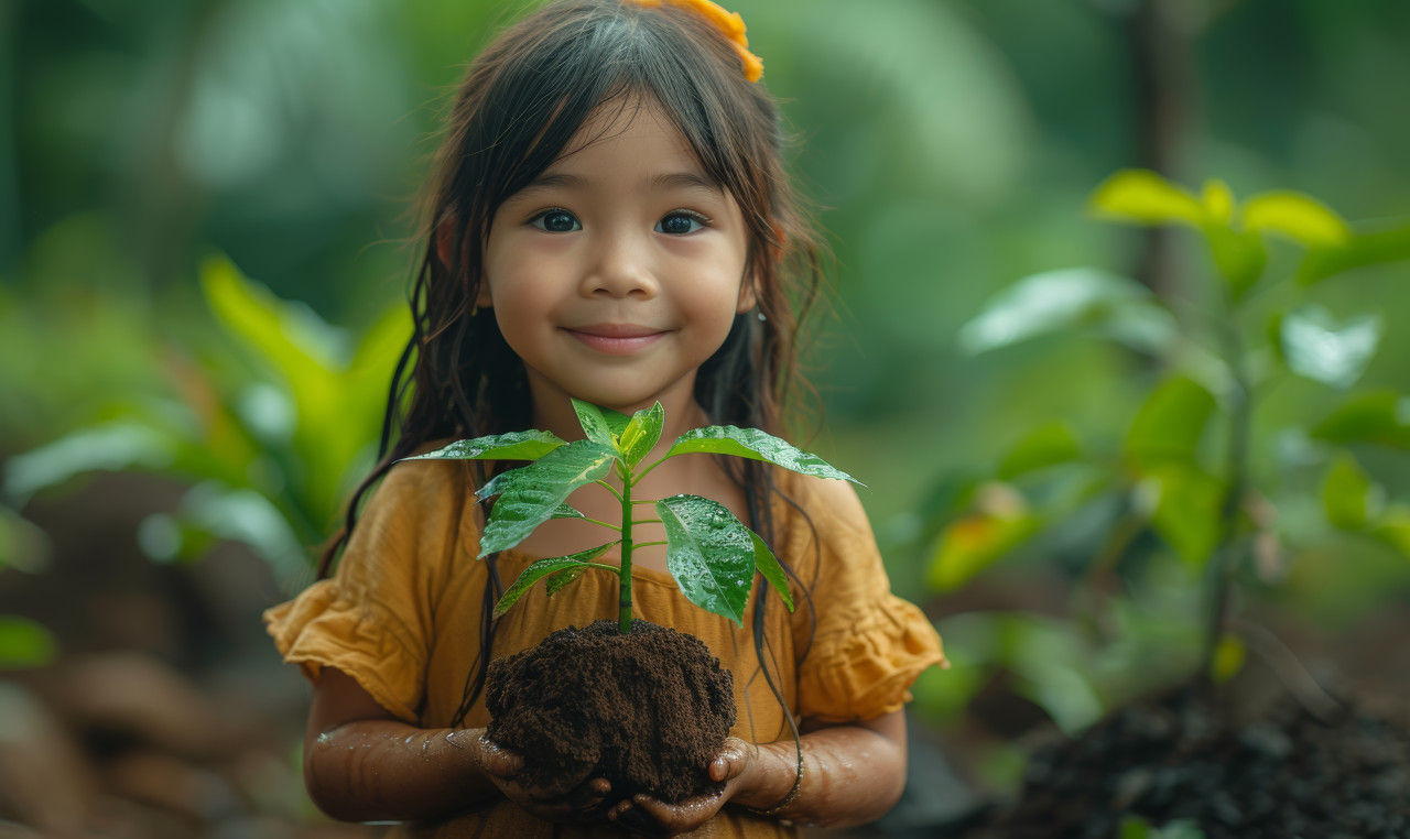 Joyful young girl with a plant near a tree, children planting trees photo