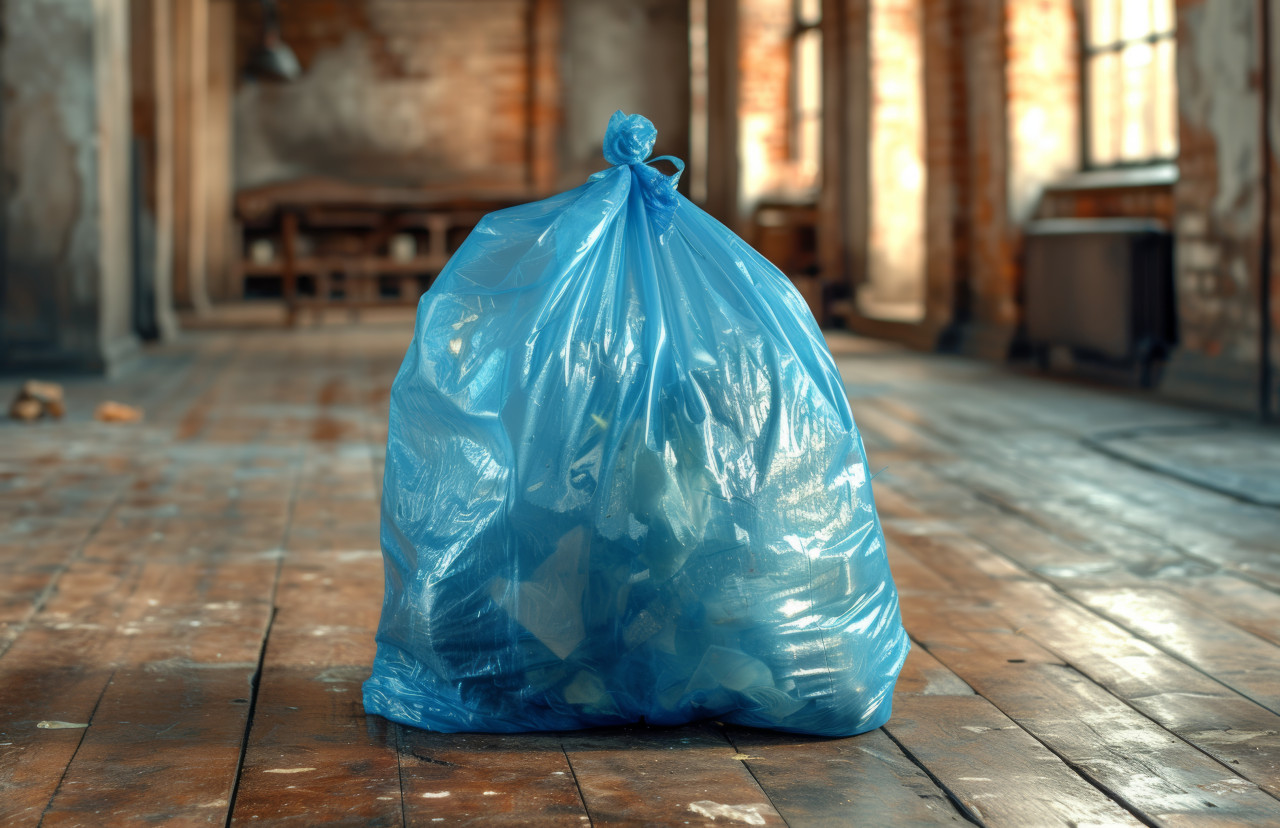 A blue plastic bag of garbage on a wooden floor, composting and waste reduction concept