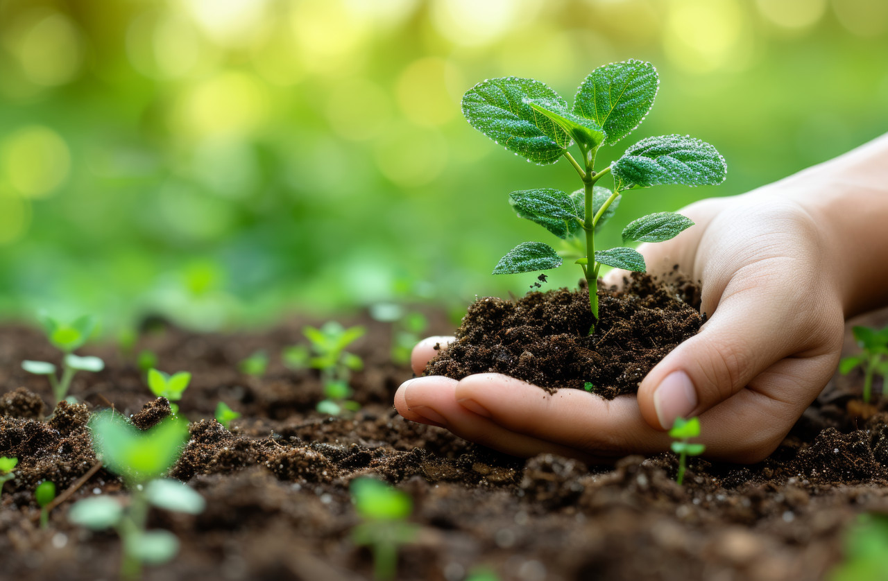 Holding a tiny soil plant a gesture of nurturing growth environmental care and green life, children planting trees concept