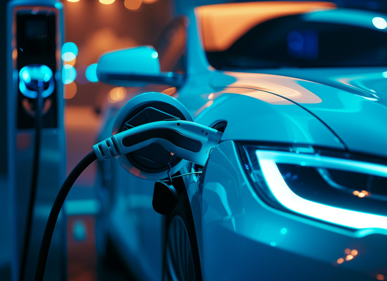 Electric car with rear charging station, green transportation concept