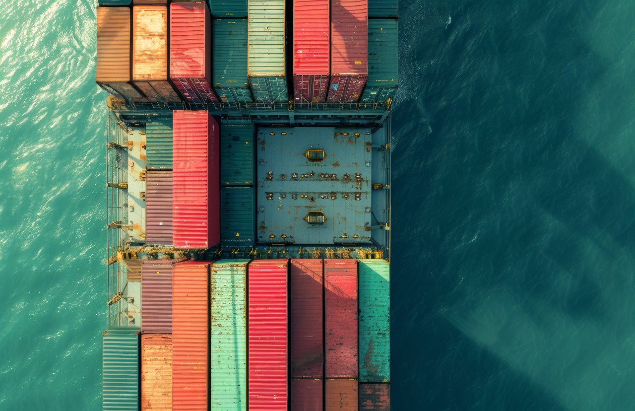 Cargo containers on a sea vessel cruising through the open ocean, green transportation photo
