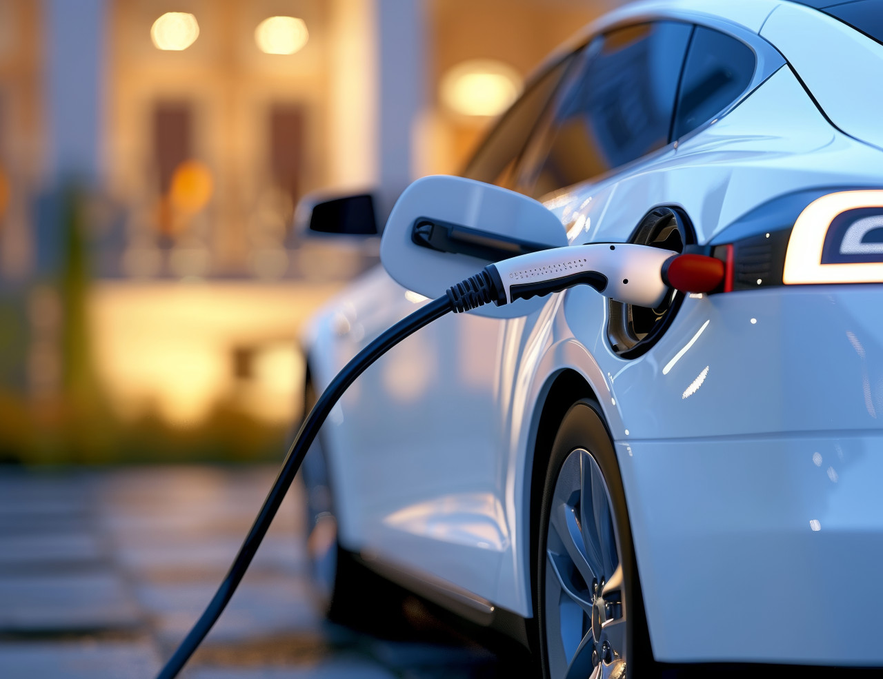 Electric car being charged promoting sustainable transportation, green transportation concept