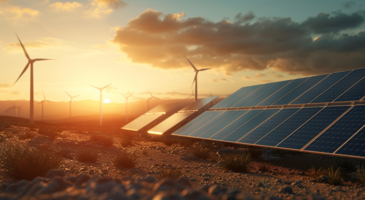 Clean energy scene with solar panels and windmills harnessing power from nature for a greener tomorrow, renewable energy innovations concept