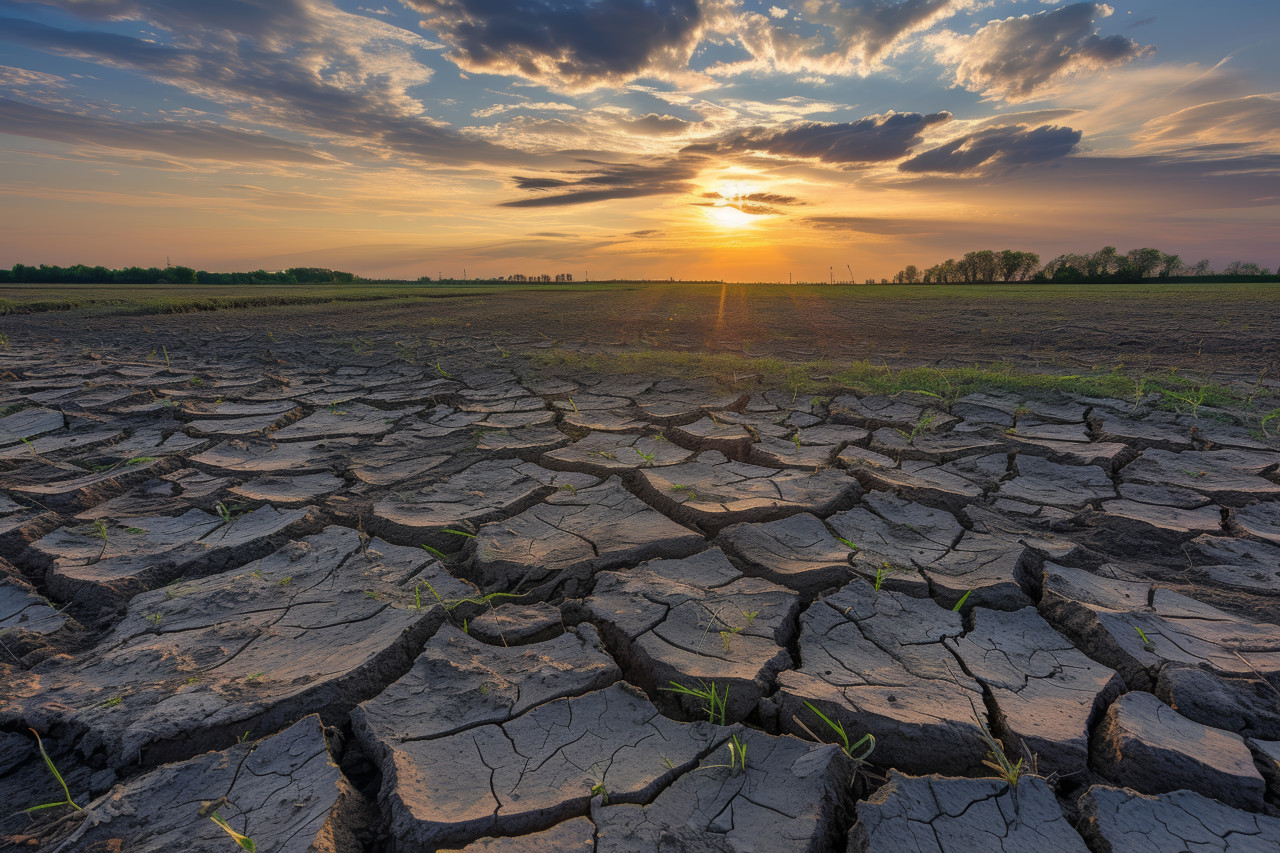 Arid landscape with parched cracked soil depicting the challenges of a dry and barren environment, water scarcity concept
