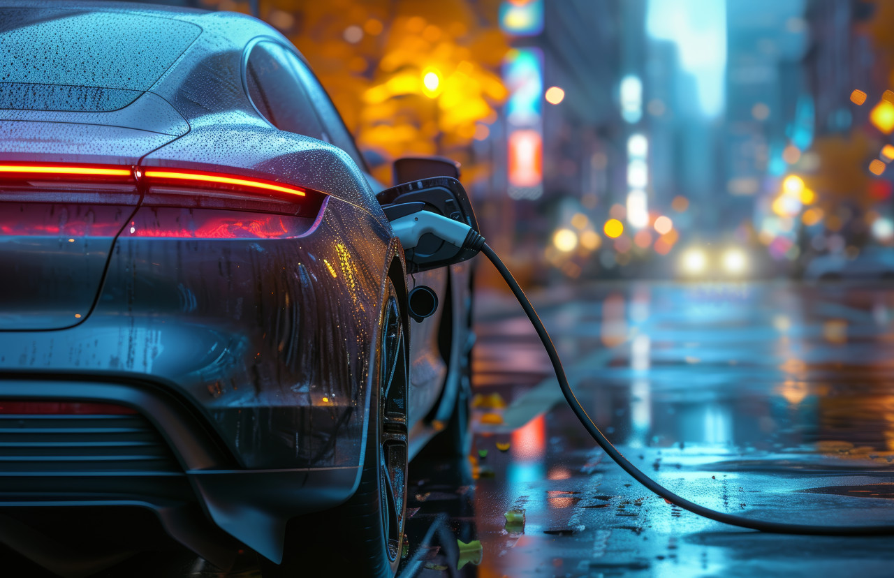 Charging an electric car in the city, renewable energy innovations concept