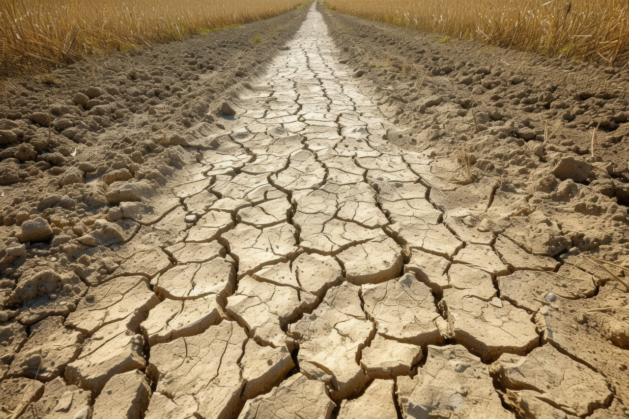 Arid farm field cracked lines illustrate the severe effects of drought on crop cultivation, water scarcity photo