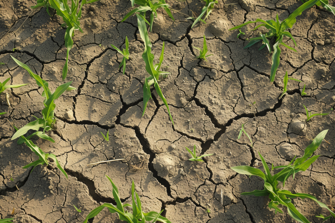 Barren landscape with parched cracked dirt in a field highlighting the impact of drought conditions, water scarcity photo