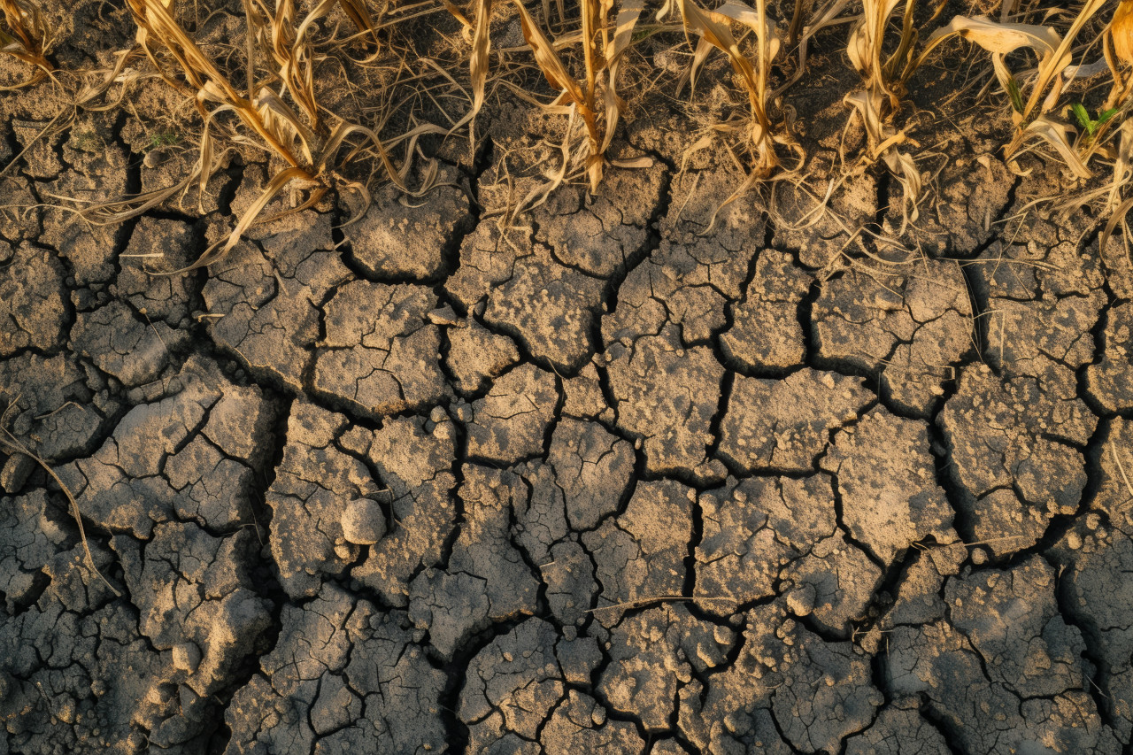The sun baked farm field exhibits dried cracked lines in the absence of moisture, water scarcity concept
