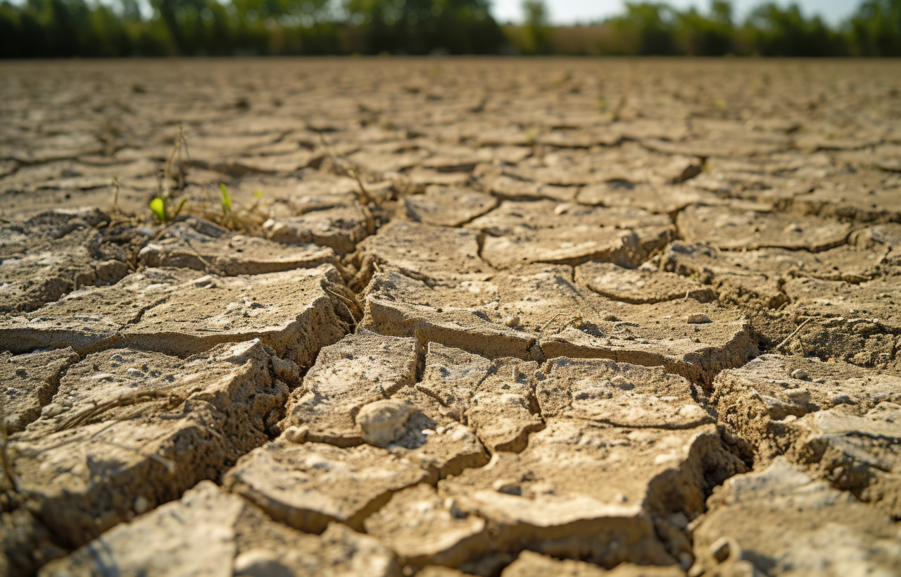 Barren land with parched earth and deep cracks in the midst of sunlight, water scarcity photo