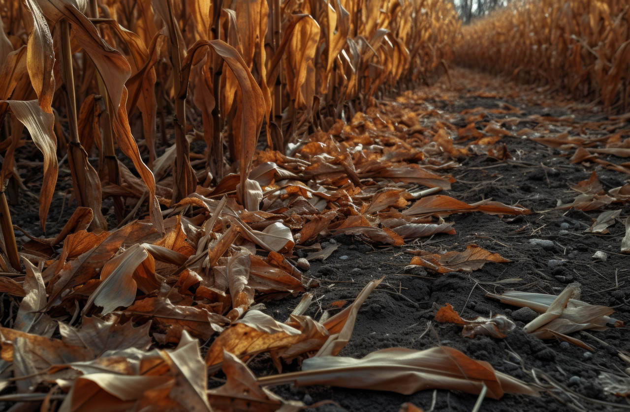 Field of corn with dried stalks and rusty leaves, water scarcity concept