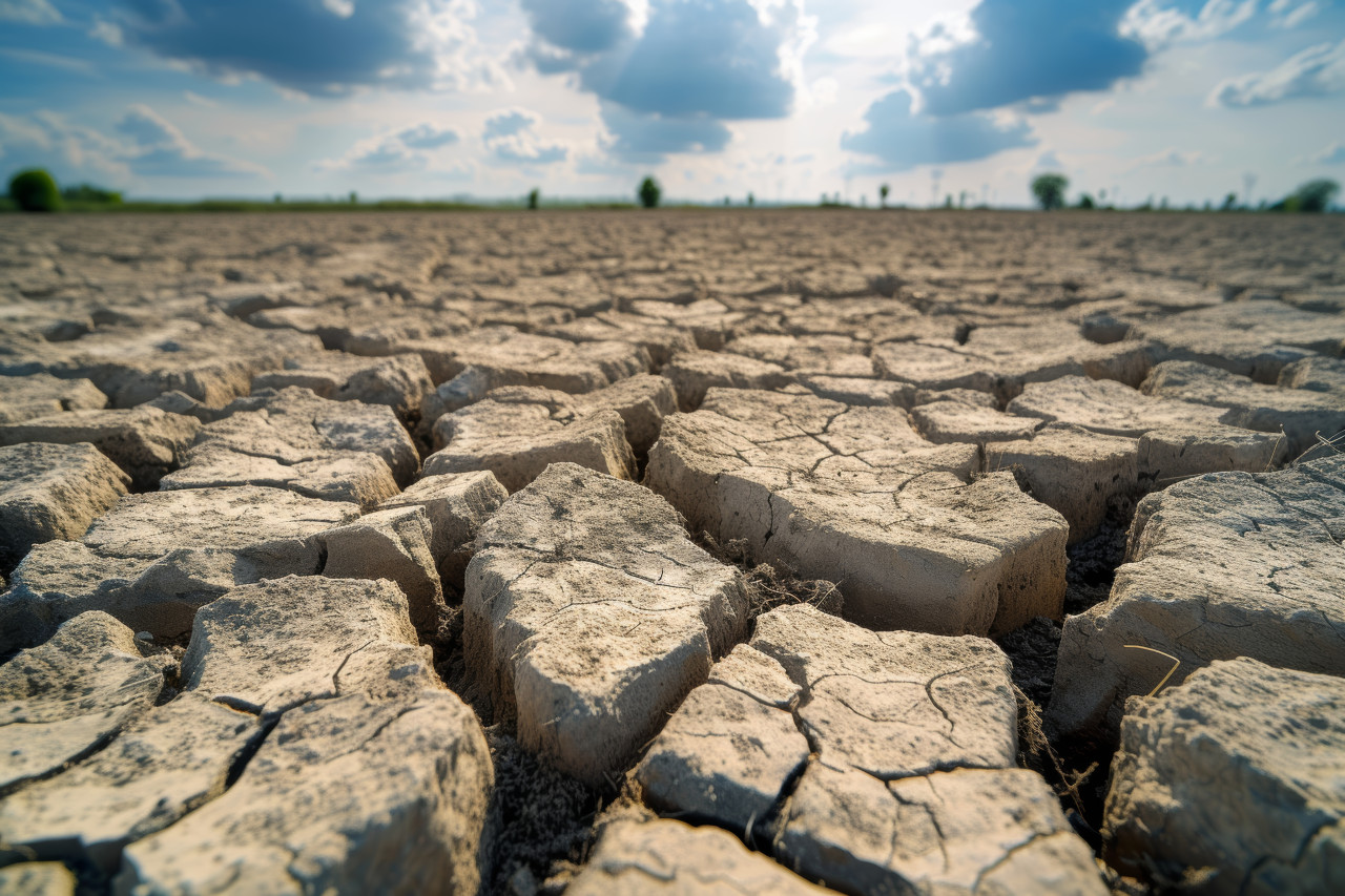 Arid landscape with visible cracks a result of intense heat and lack of water, water scarcity photo