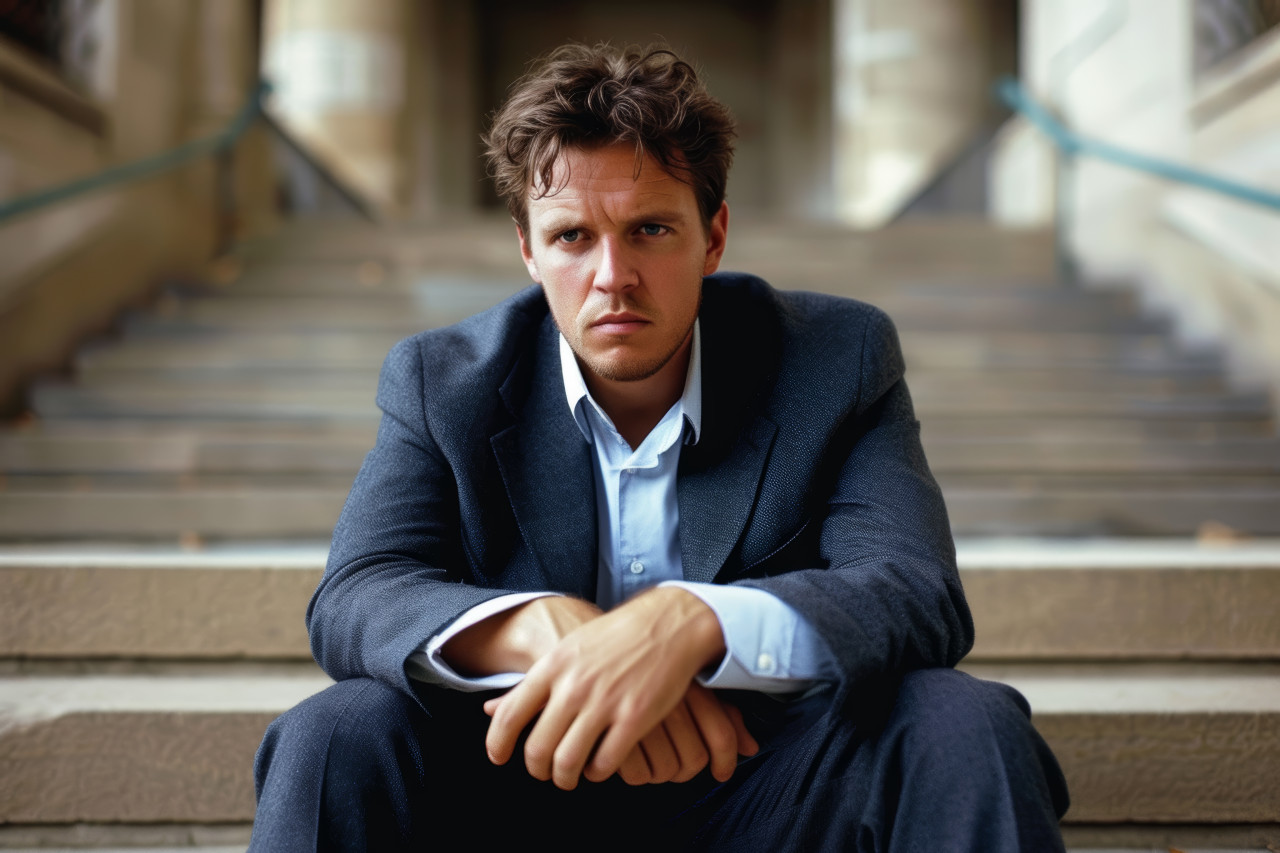 A businessman seated on steps wearing a contemplative expression pondering business decisions with a thoughtful demeanor, urban downsizing concept