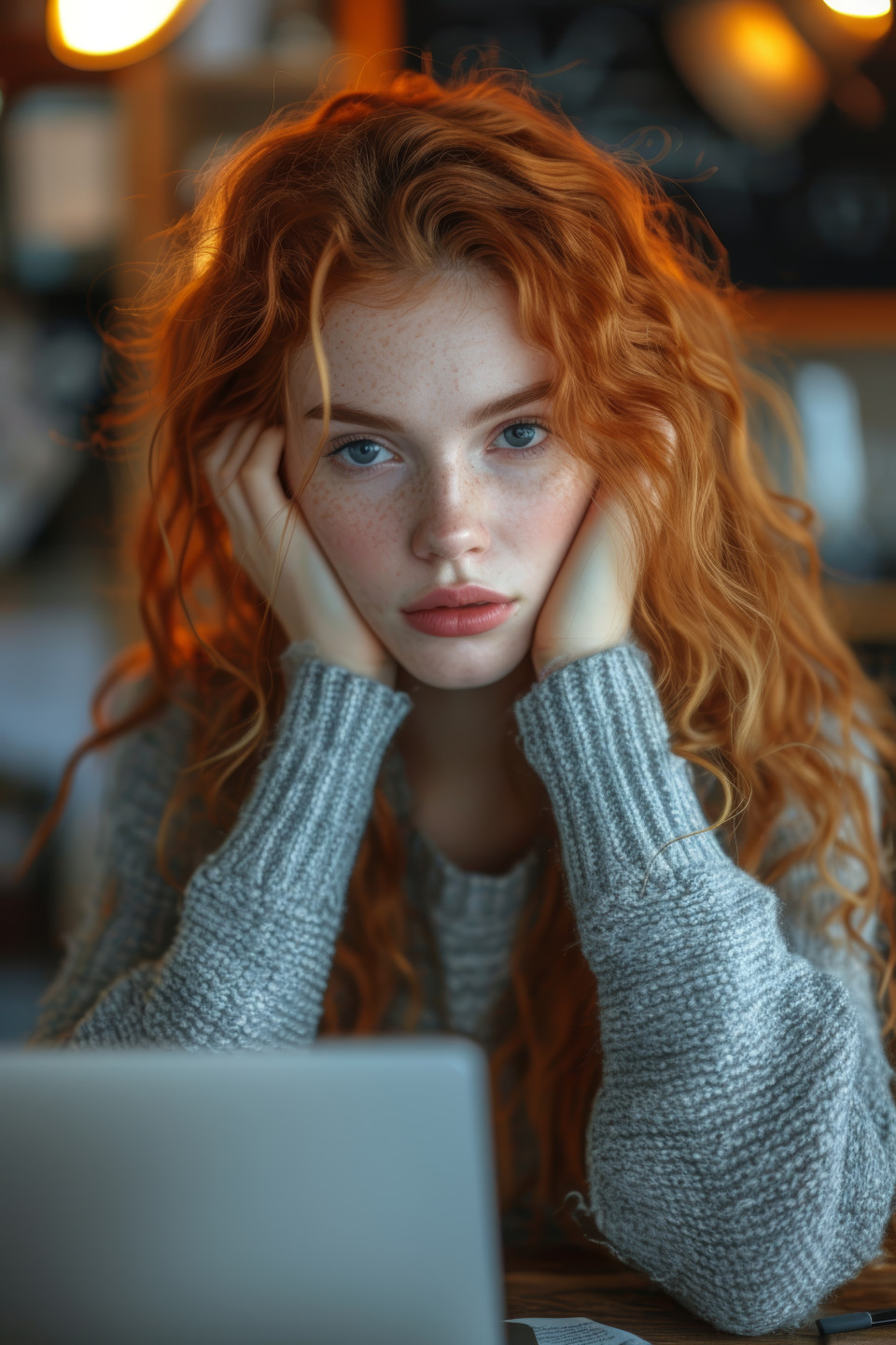 A woman at her desk with a laptop experiencing a headache in the office environment, urban downsizing concept