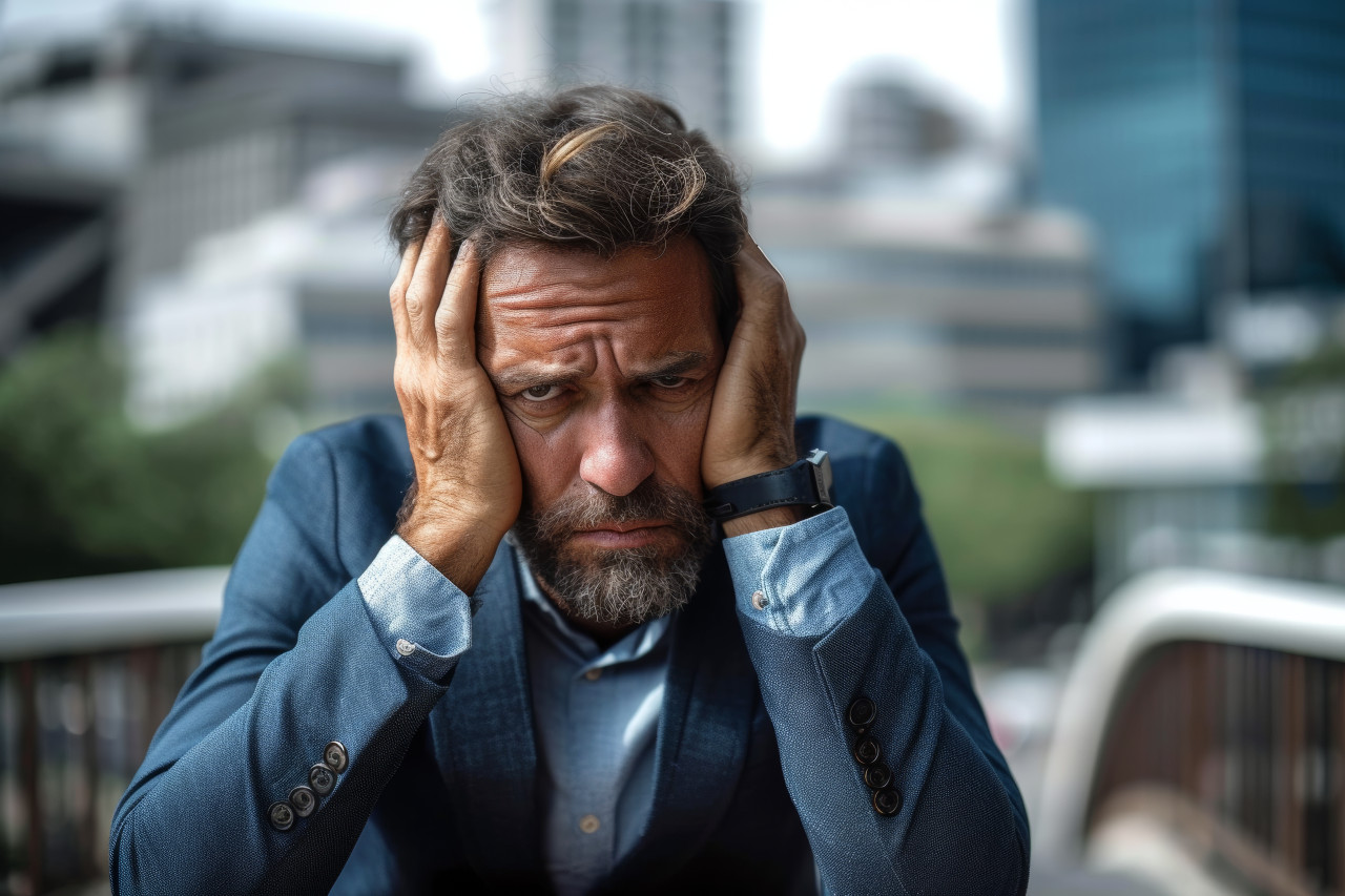Mature businessman at bridge overwhelmed by despair facing struggles in life, urban downsizing photo