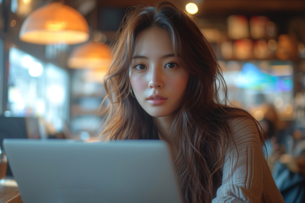 Woman working at a laptop on a table, urban downsizing photo