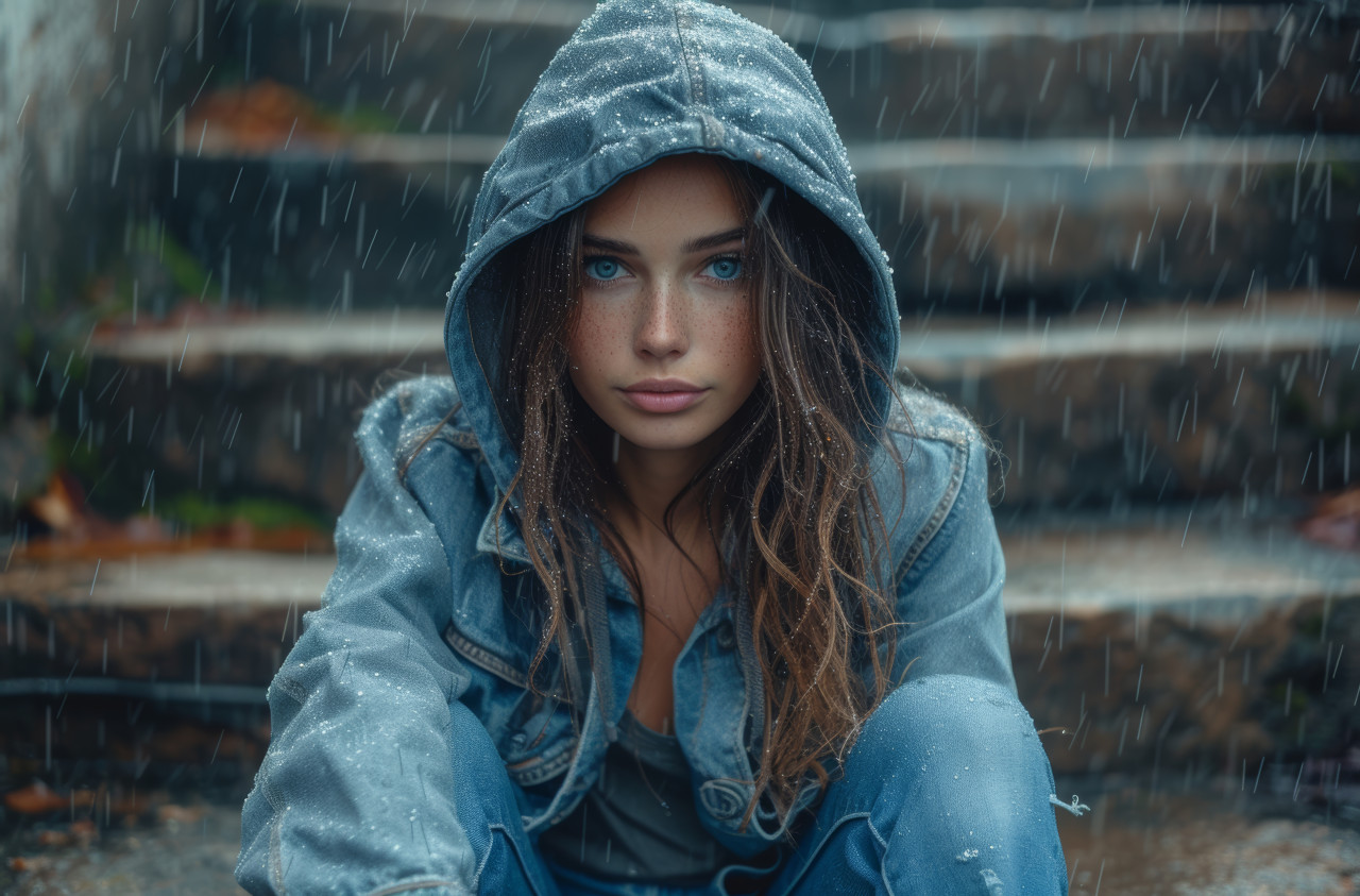 Casual woman in hoodie and jeans relaxing on steps, urban downsizing concept