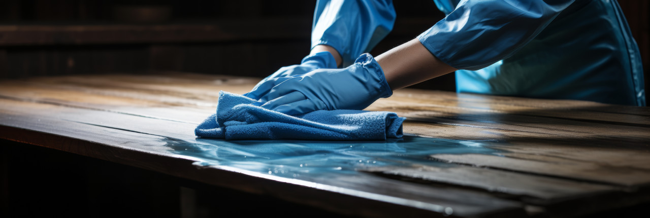 A lady wearing blue rubber gloves cleans wooden boards with care, decluttered interiors concept