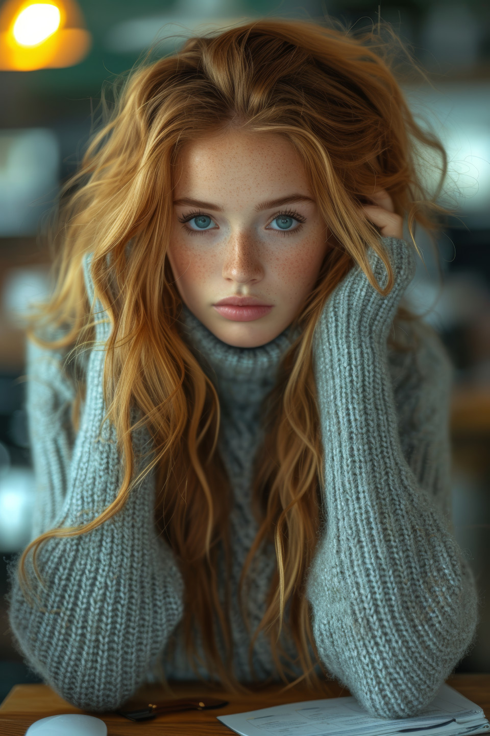 A young woman dressed in a grey sweater sitting at her office desk with a downtrodden expression, urban downsizing concept