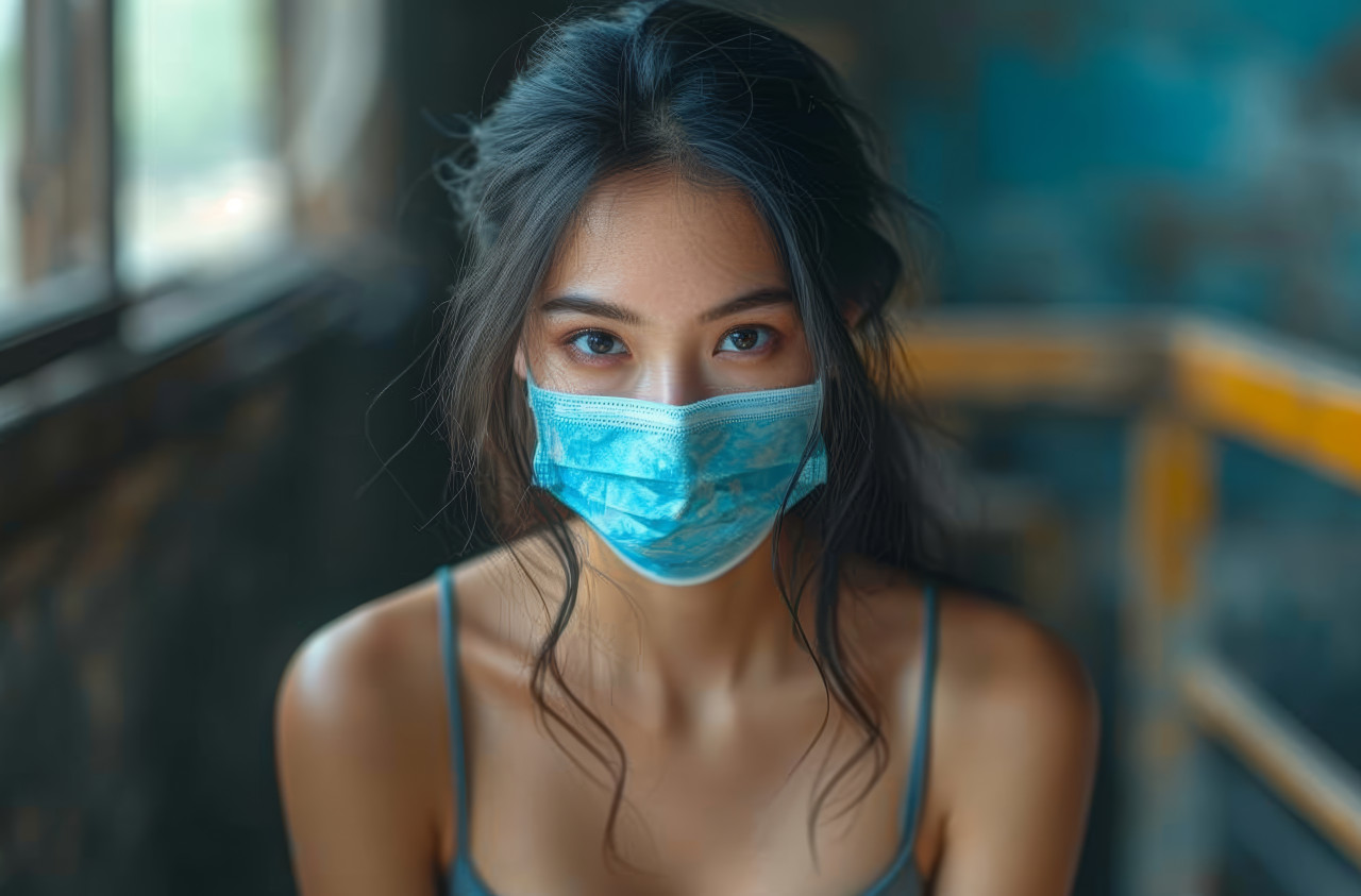 An asian woman masked for safety sits on a ladder, urban downsizing photo