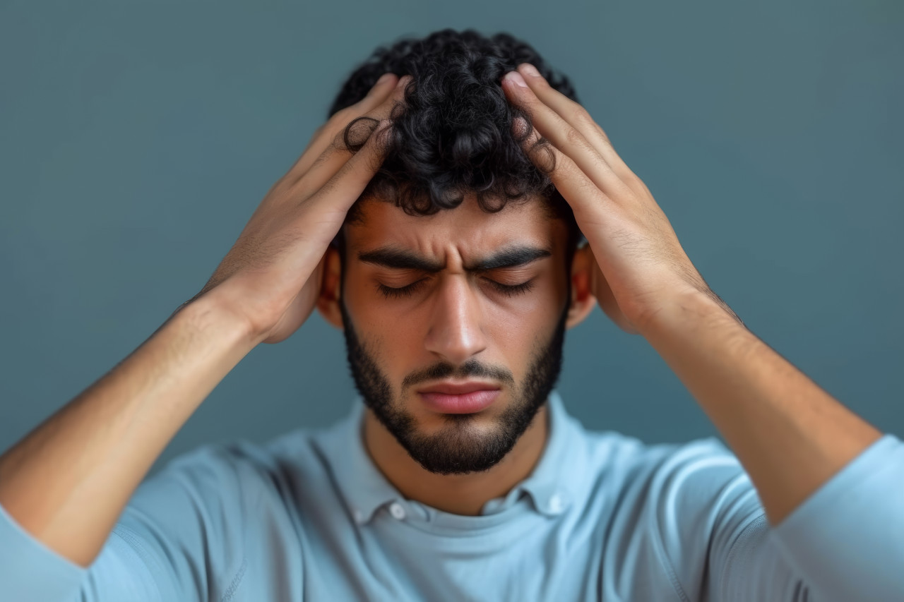A man from the middle east is shown in distress holding his head in pain suffering from a headache, urban downsizing photo