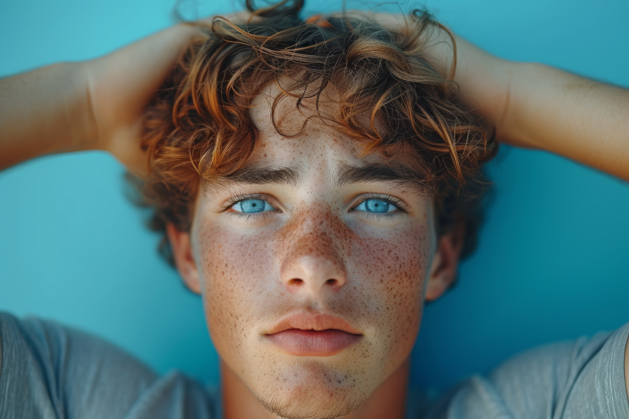 A cheerful young man is delighted showing joy with hands on his head and a beaming smile, urban downsizing concept