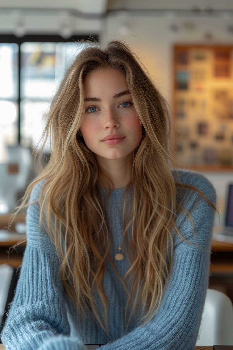 A focused woman wearing a blue sweater working diligently at her desk, urban downsizing photo