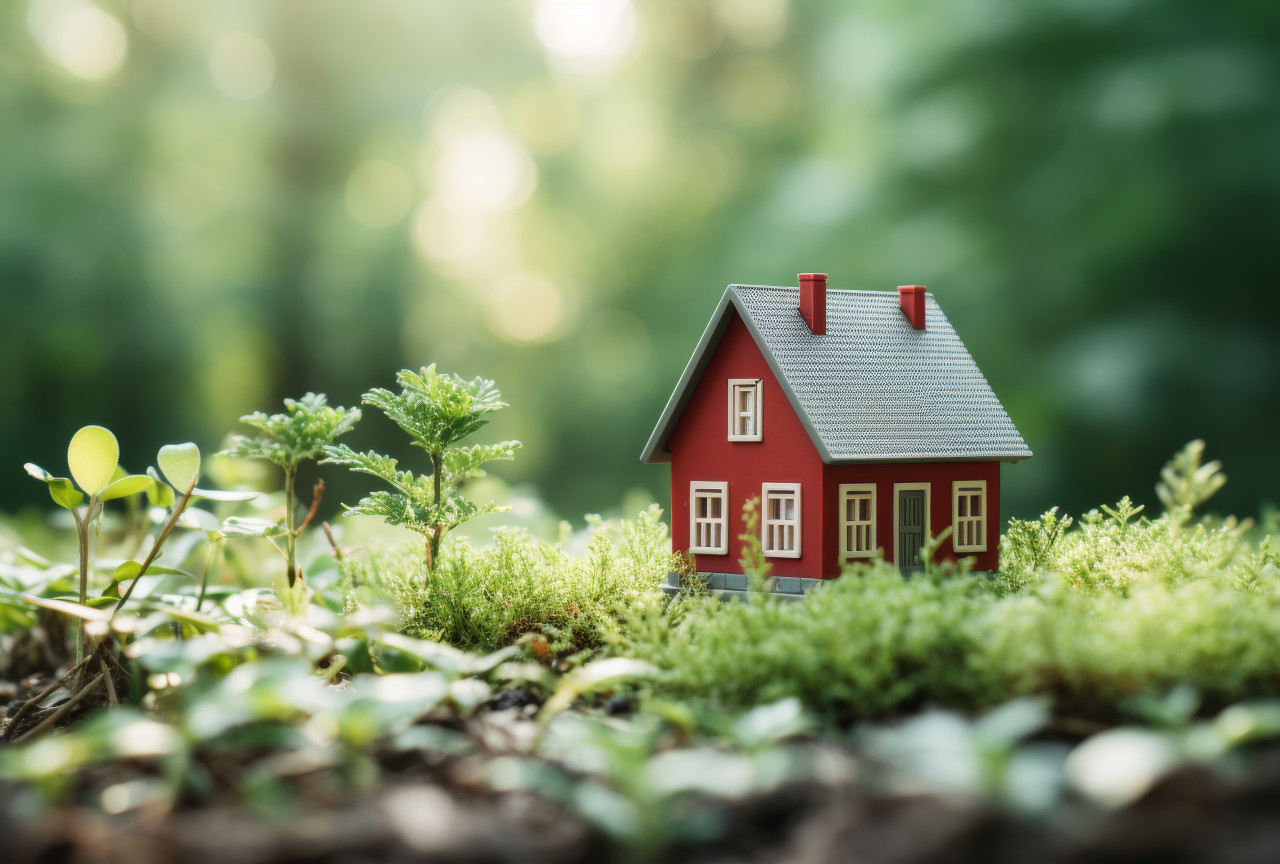 Red miniature house in lush green setting, tiny homes photo
