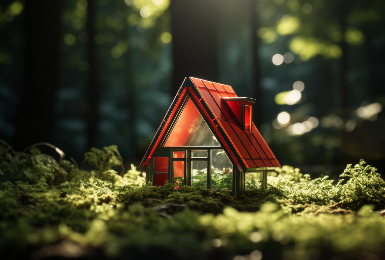 Miniature house resting on lush summer grass, tiny homes concept