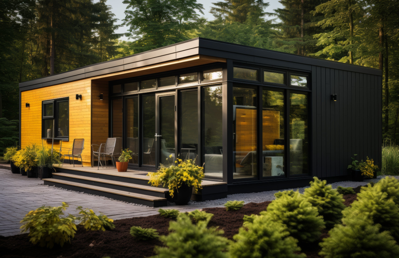 A charming brown and black bungalow with a welcoming entry and sturdy roof, tiny homes concept