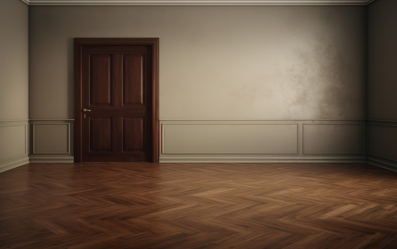 Inside a room with white walls wooden floors and a closed door, decluttered interiors photo