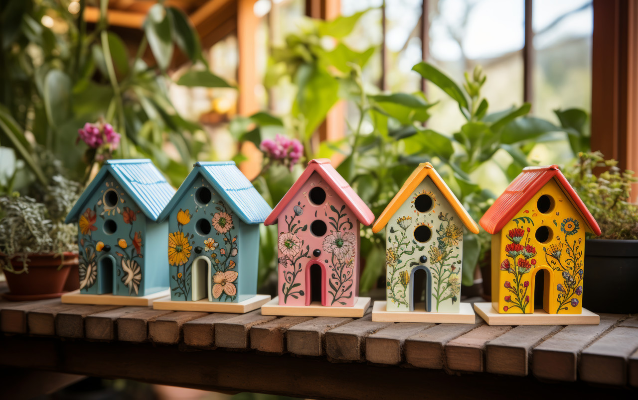 Colorful birdhouses perched on steps in a garden, outdoor downsizing photo