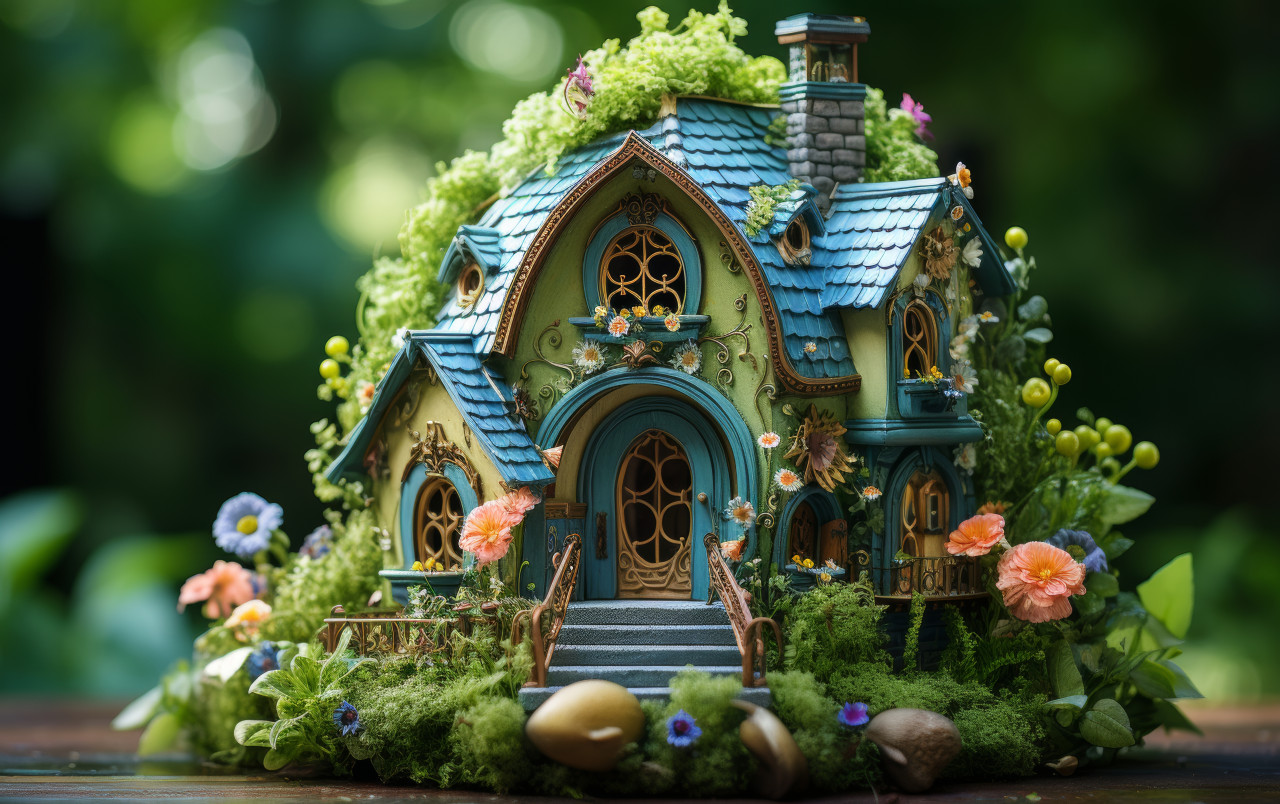 Vibrant house amidst green bushes on a charming lawn, outdoor downsizing concept