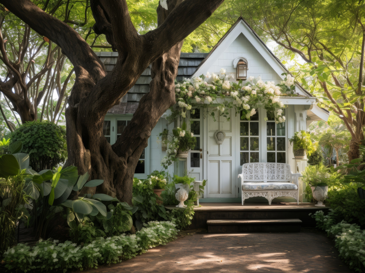 Serene cottage surrounded by lovely greenery, cottage downsizing concept