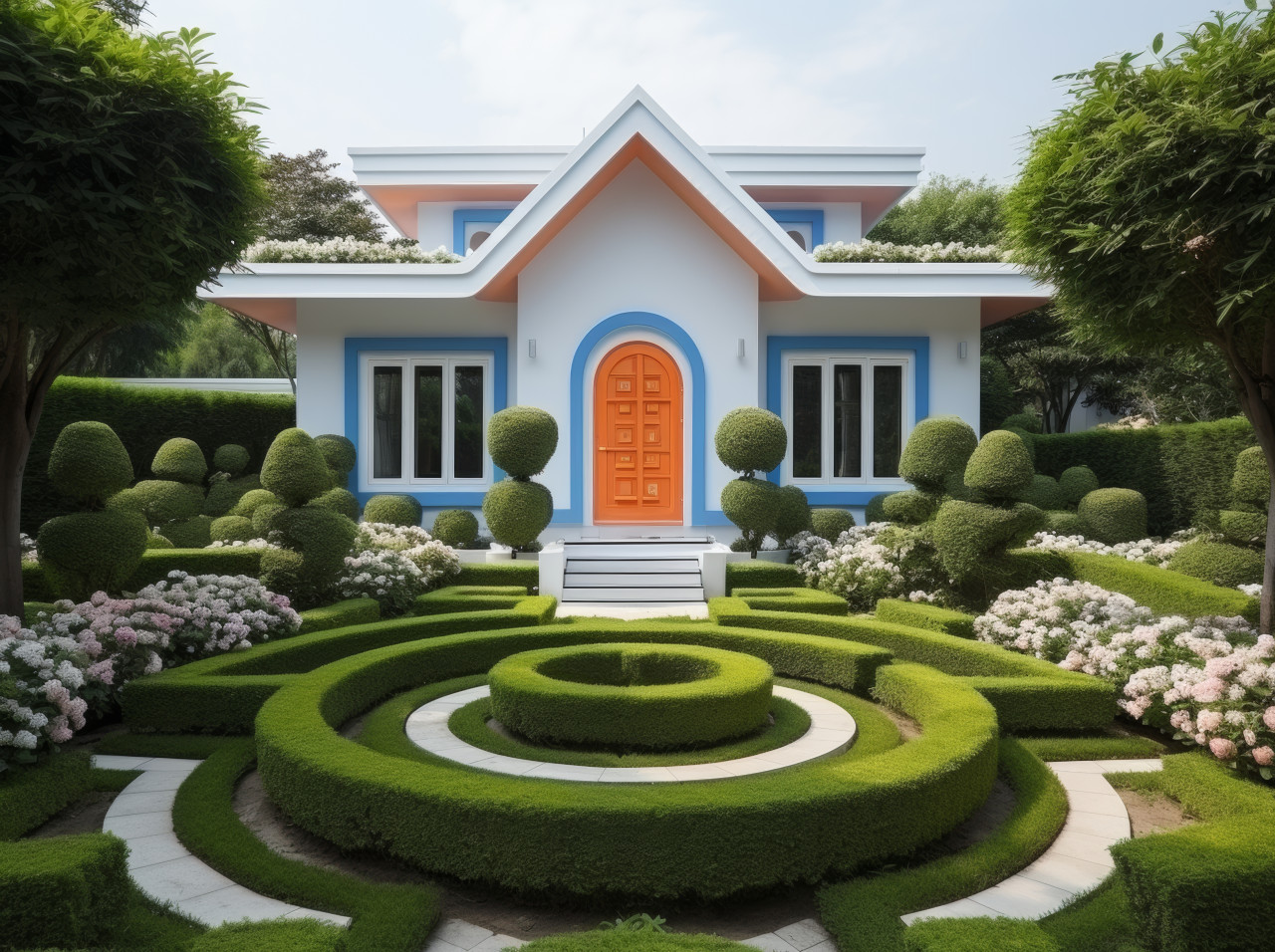 A charming cottage next to a vibrant green hedge garden, cottage downsizing photo