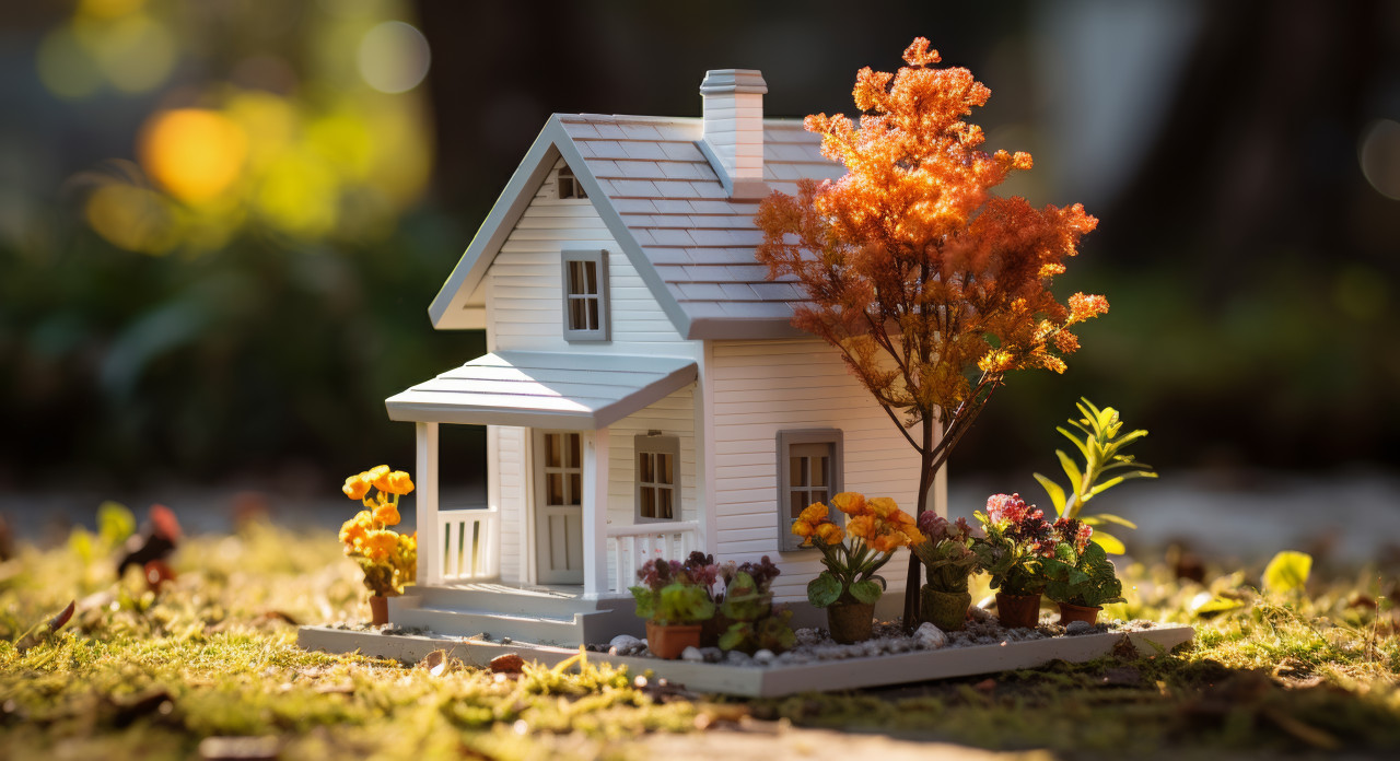 A small house surrounded by autumn vibes with a flowerpot on the grassy lawn, cottage downsizing concept