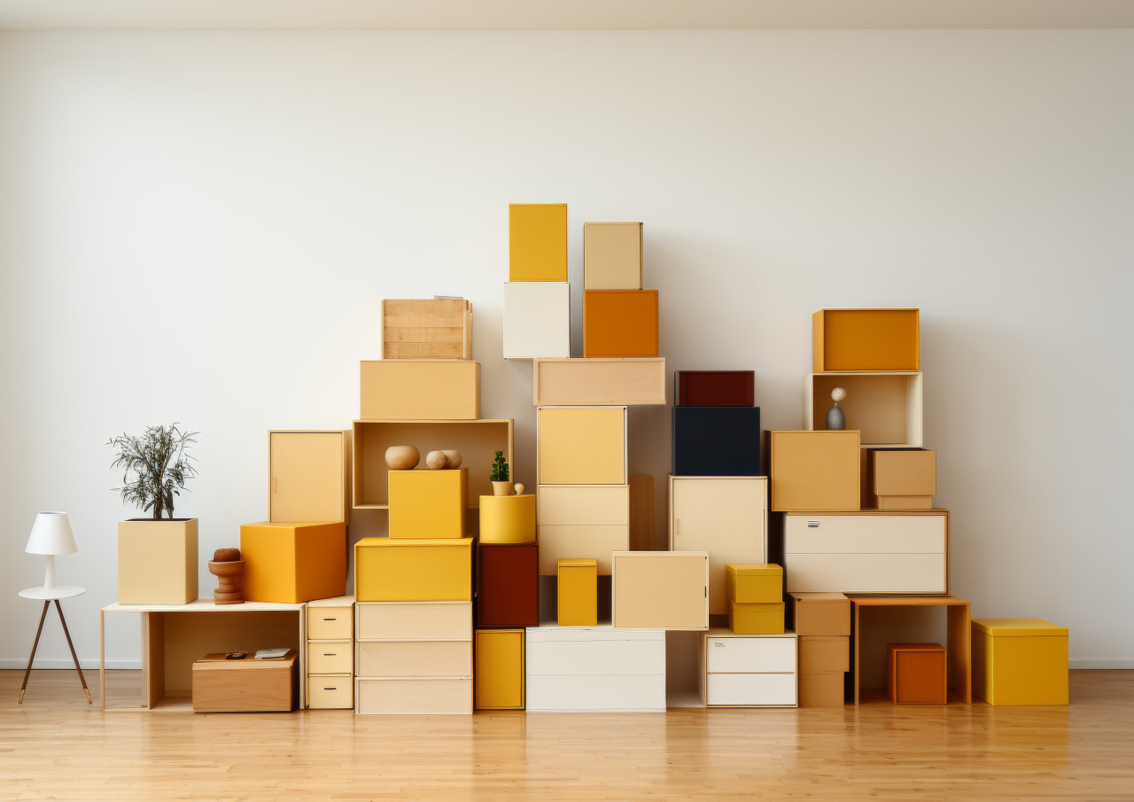 Various boxes in a creative arrangement stand in front of a white wall, moving day photo
