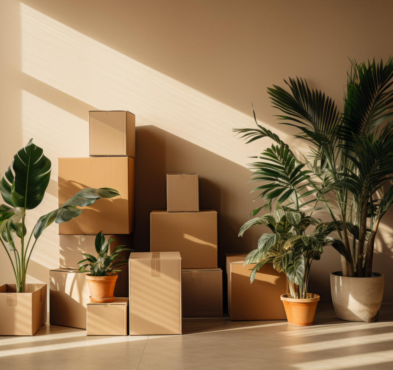 Room with moving boxes and a plant, moving day concept