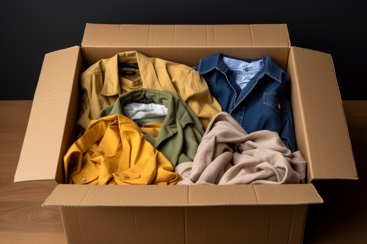 Clothes carefully folded and placed in a cardboard box, packing and decluttering photo