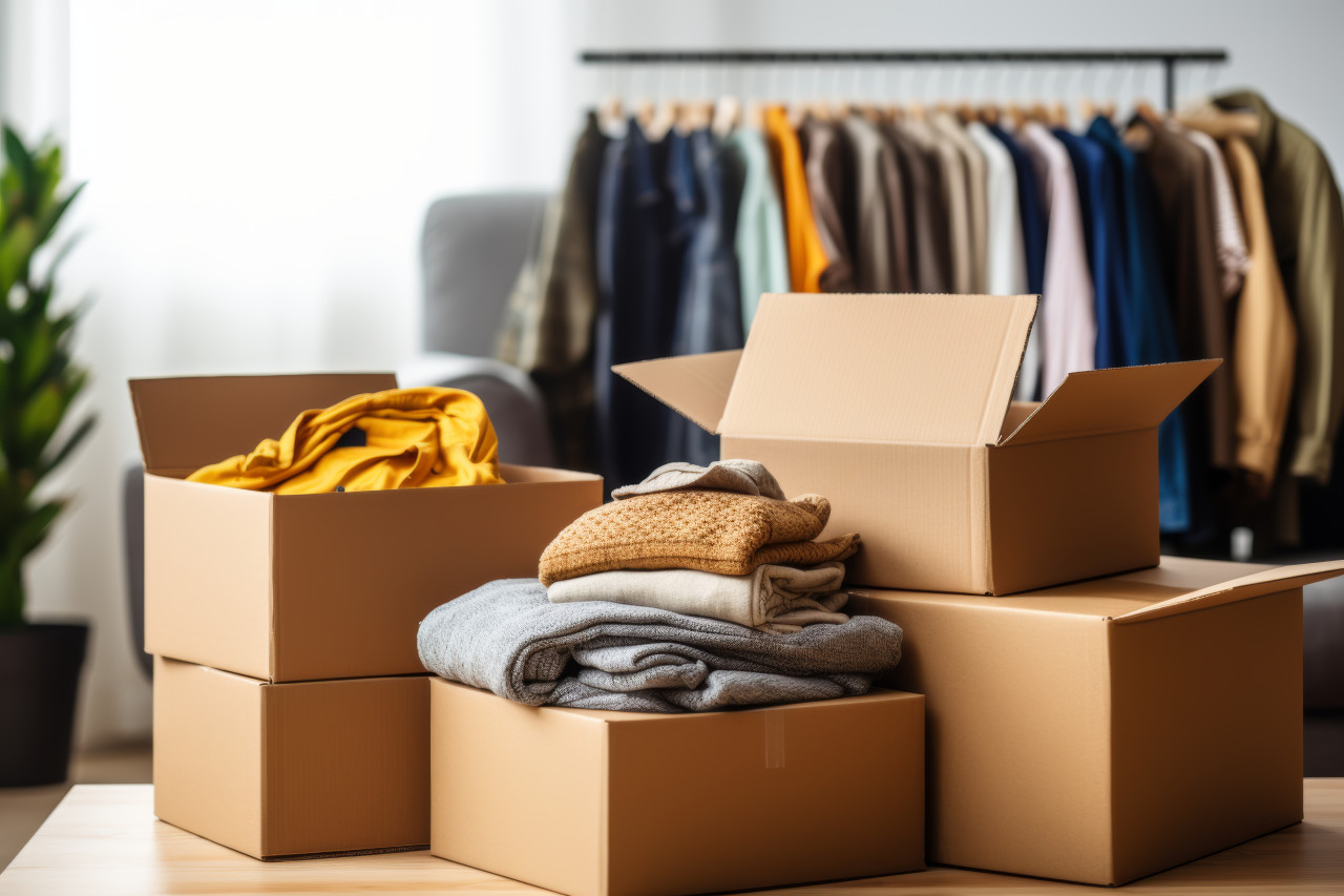 Neatly organized boxes hold clothes in a house, packing and decluttering concept