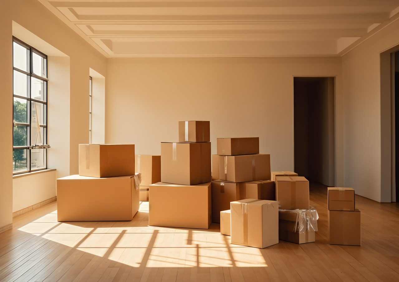 Room filled with boxes being relocated, moving day concept