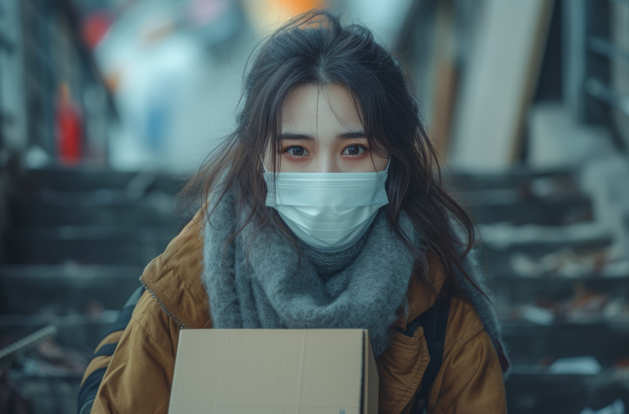An asian woman sits on stairs at work wearing a mask and holding a box, urban downsizing concept