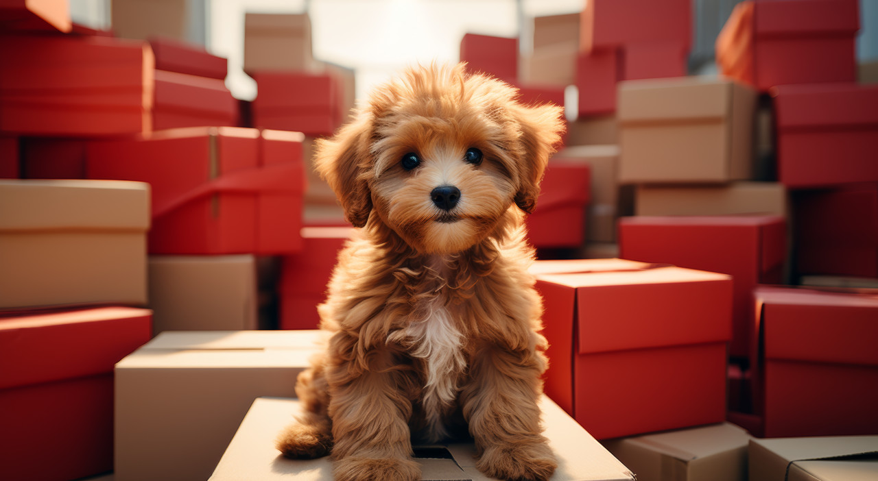 Cute puppy faces a row of neatly stacked boxes, moving day concept